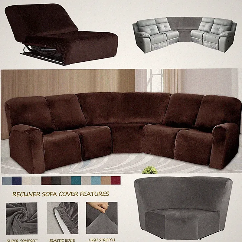 5-Seater Velvet Recliner Corner Sofa Stretch Couch Cover Curved Shape Sectional