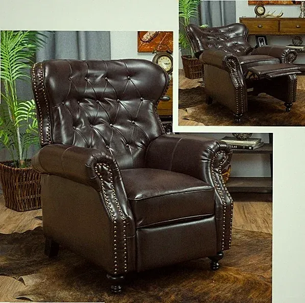 Brown Leather Manual Club Arm Chair Recliner Pushback Accent Wingback Tufted New