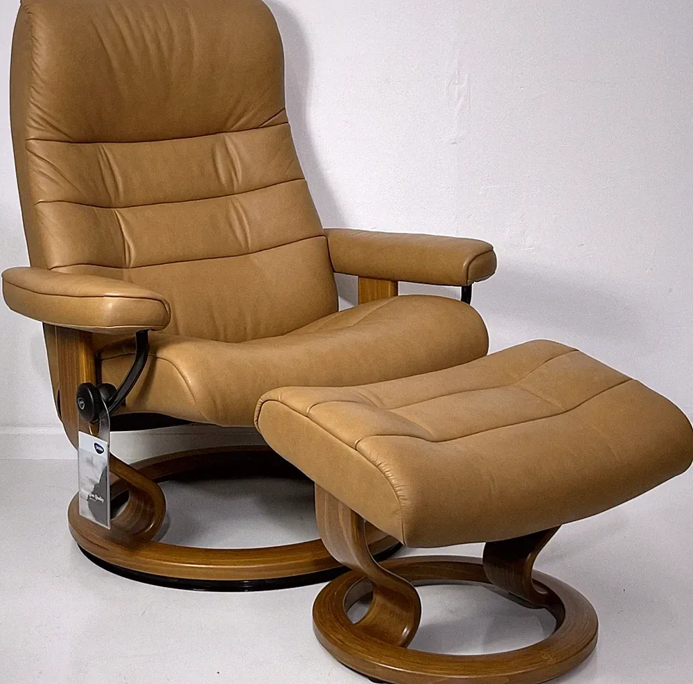 Ekornes Stressless Large "OPAL" Taupe Leather Swivel Recliner Chair & Ottoman