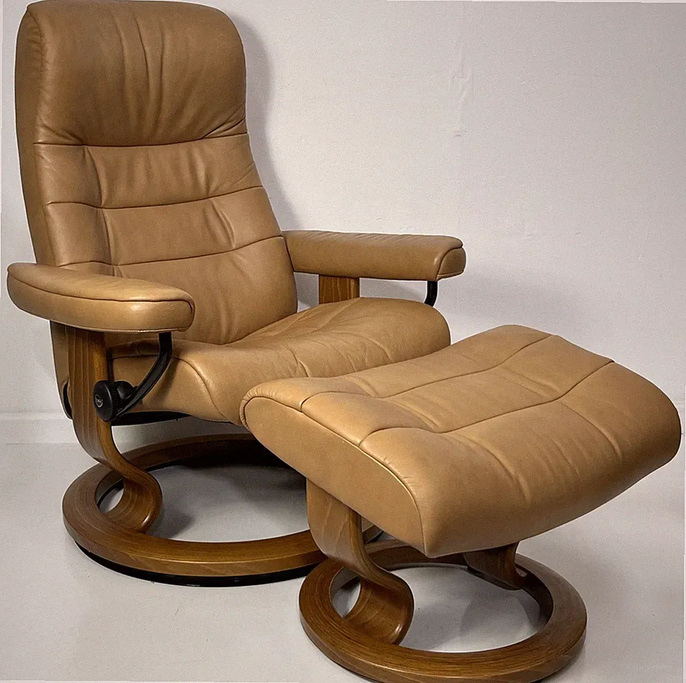 Ekornes Stressless Medium "OPAL" Taupe Leather Swivel Recliner Chair & Ottoman