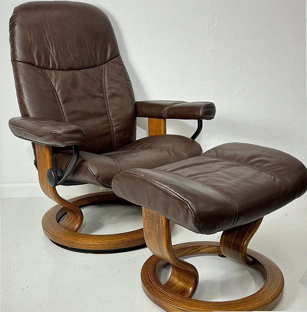 Ekornes Stressless Small "CONSUL" Brown Leather Swivel Recliner Chair & Ottoman
