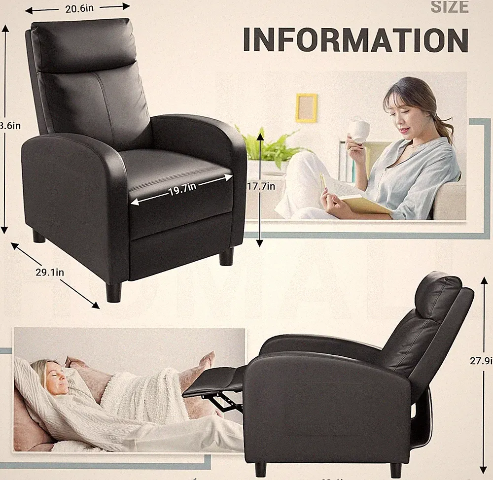 Faux Leather Push Back Theater Recliner Chair with Footrest for Livingroom Black