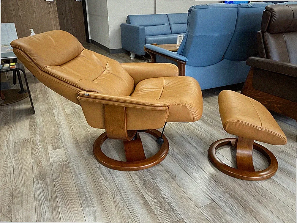 Fjords Anne Leather Small Ergonomic Recliner Chair and Ottoman in Cigar Leather
