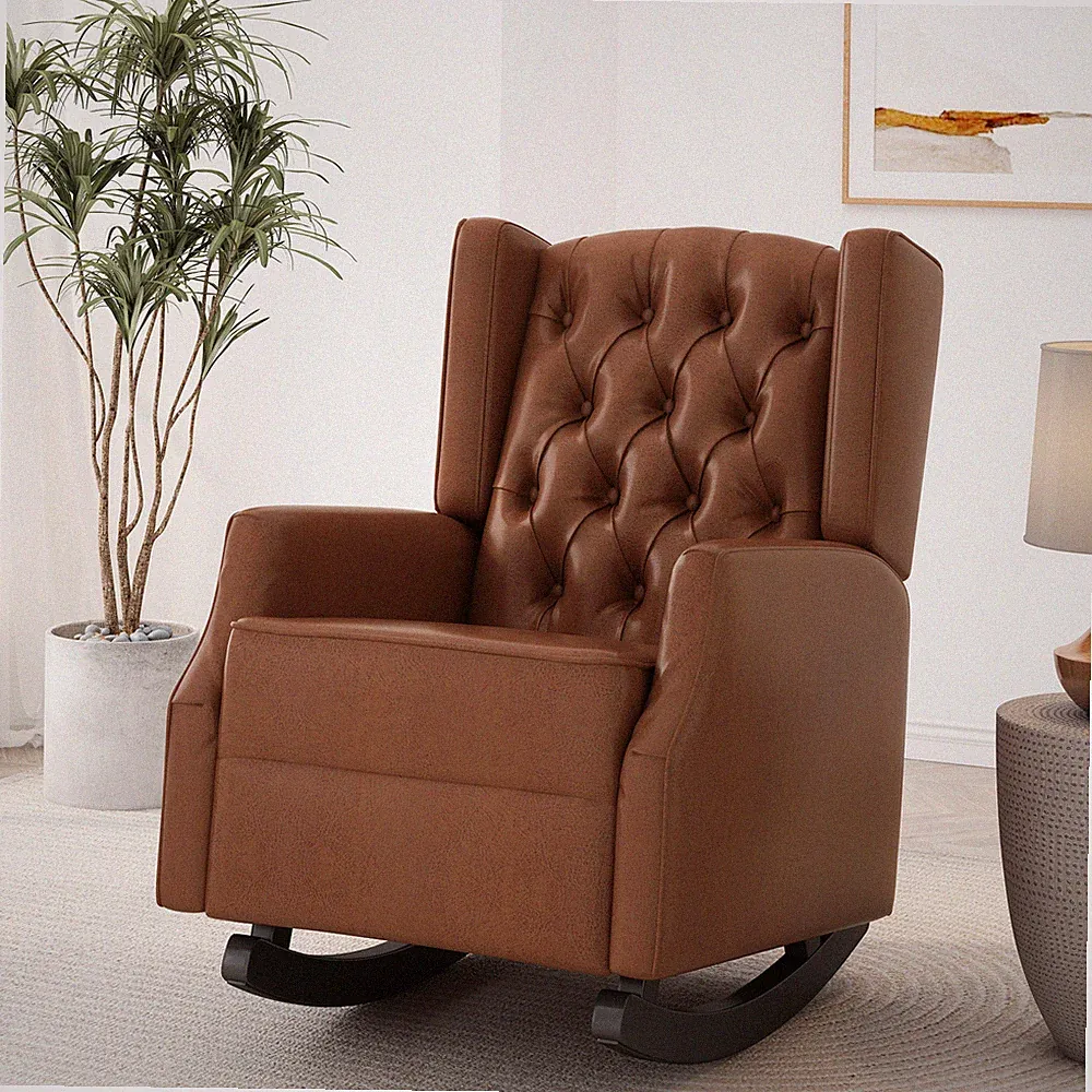 PU Leather Upholstered Rocking Chair Recliner Armchair Accent Chair Light Brown